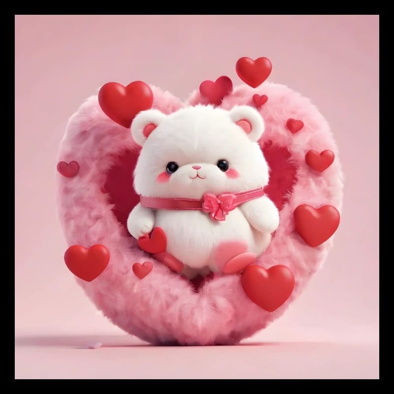 White teddy bear in a fluffy heart, red hearts around