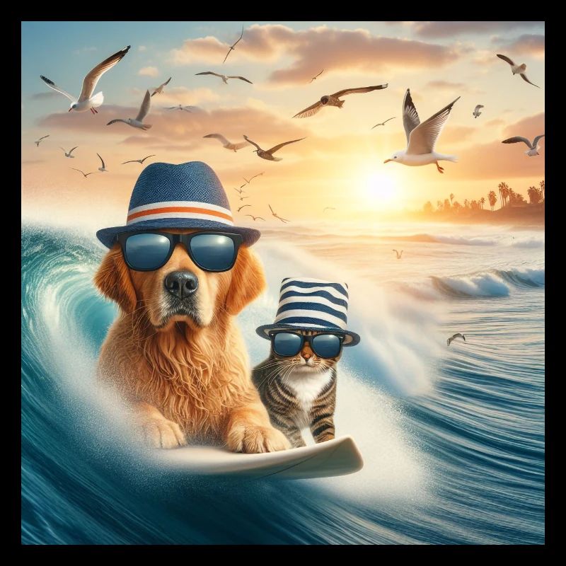 chient et chat surfeur