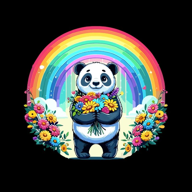 Süßer Panda vor einem Regenbogen mit Blumen