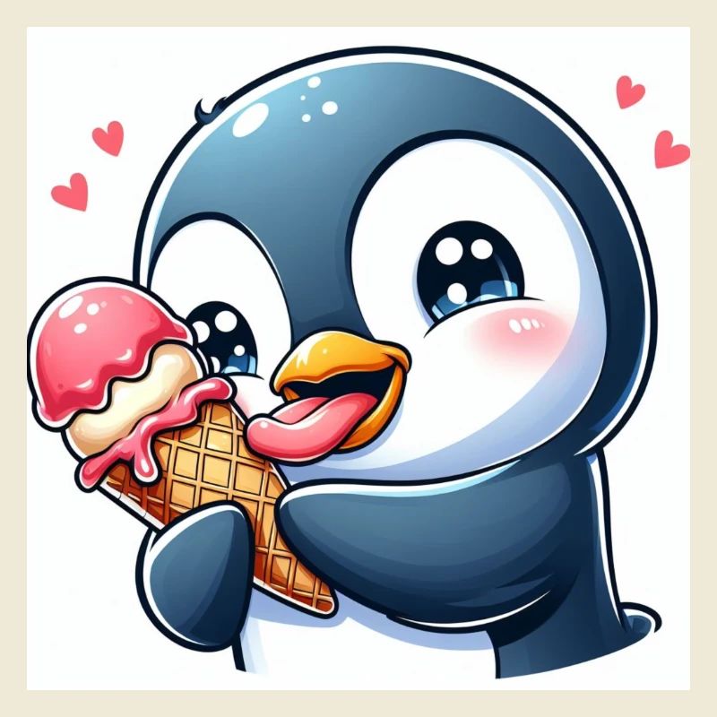 Süsser Pinguin am Softeis essen. Pinguin mit Eis