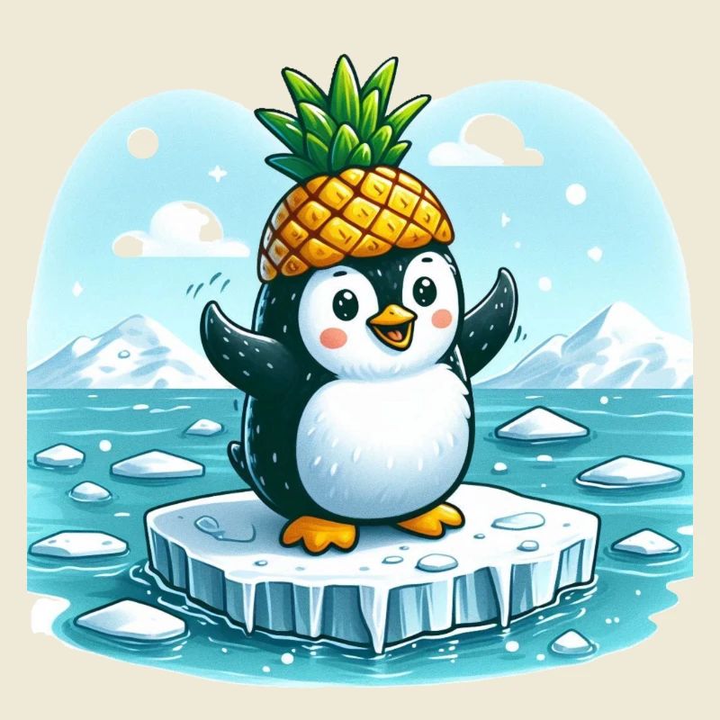 Witziger Pinguin mit Ananas auf Eisscholle