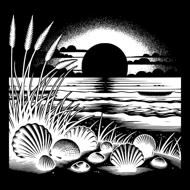 Shells and grass beach motif with sunset