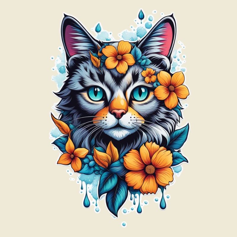 chat et fleur aquarelle