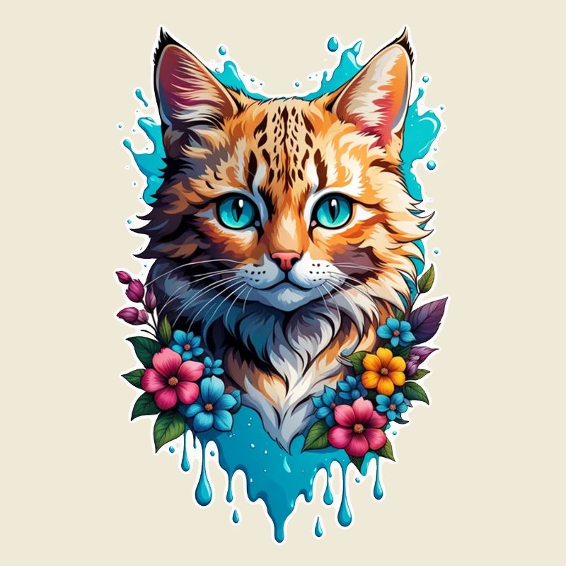 chat et fleur aquarelle