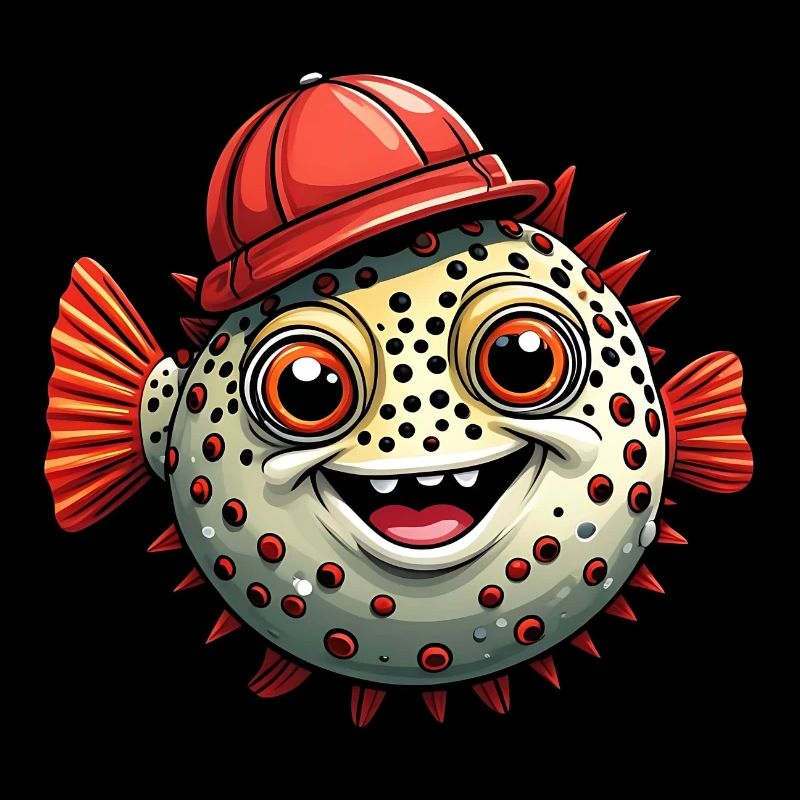 Funny puffer fish with red baseball cap