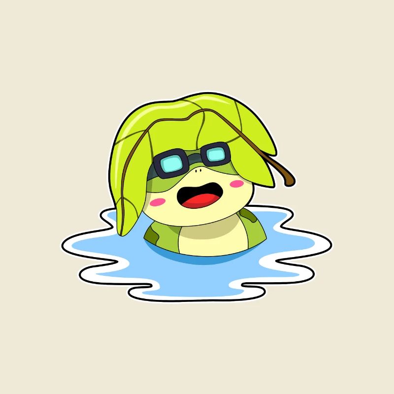 Frog with leaf swimming