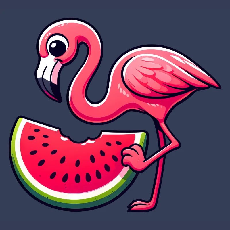 Flamant rose mignon avec un style de dessin animé de pastèque