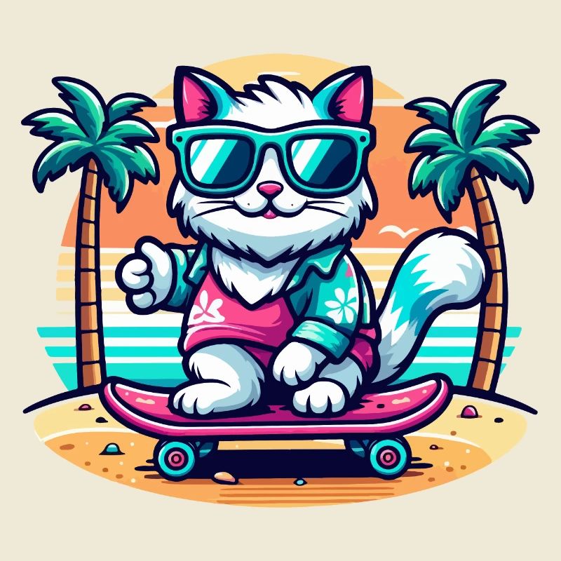 Cat on a Skateboard on the Beach