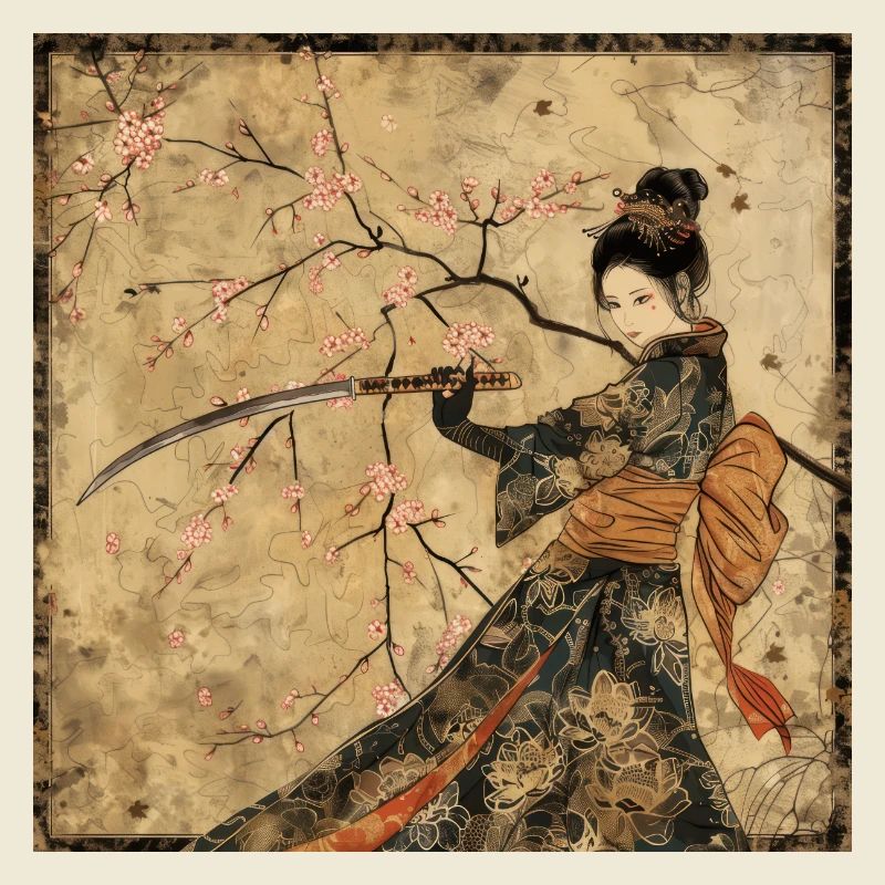 Japonais, Samouraï, Cerisier en fleurs, Art, Ukiyo-E, s