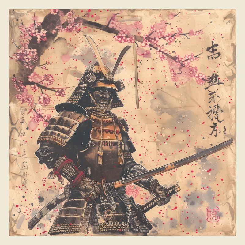 Japonais, Samouraï, Cerisier en fleurs, Art, Ukiyo-e