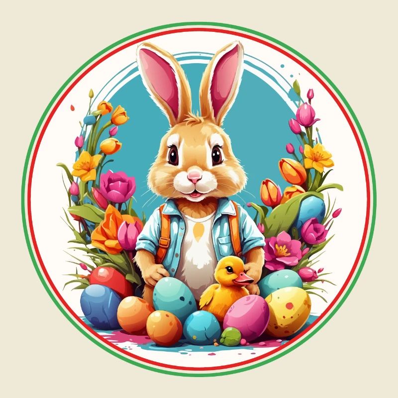 Cute easter bunny in easter basket with little chick
