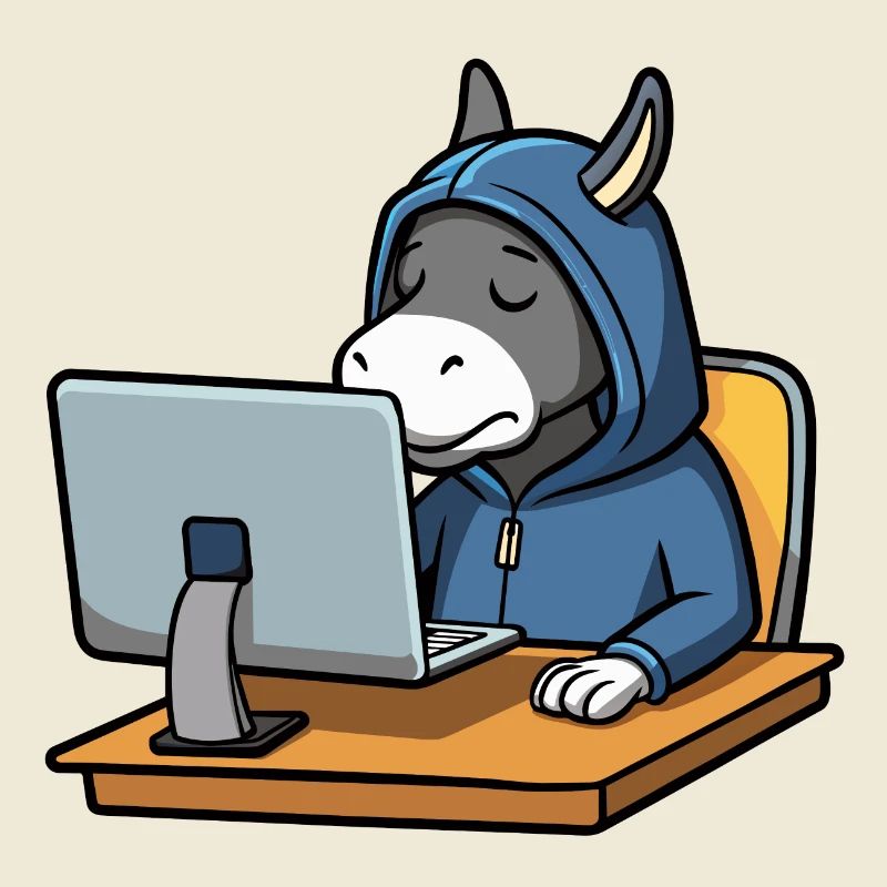 Un mignon âne hacker dort dans un sweat à capuche devant le PC