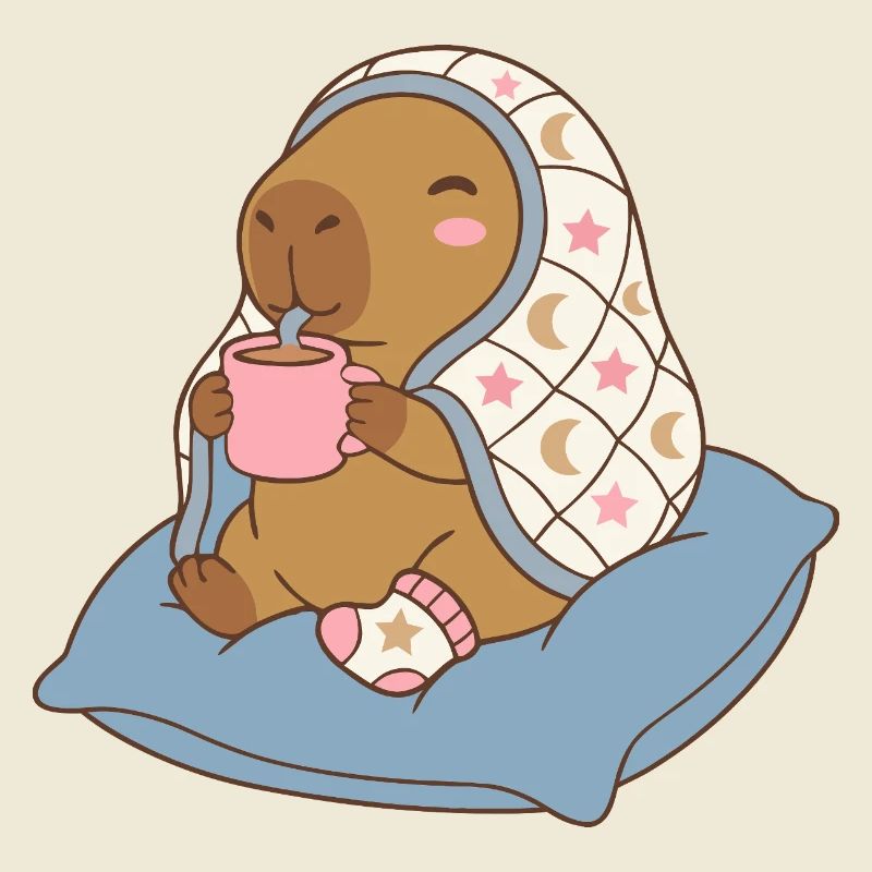 Cozy  Night Capybara on a pillow sipping cocoa