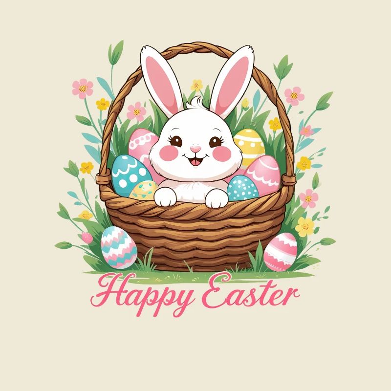 Joyeuses Pâques – Lapin mignon dans le panier de Pâques