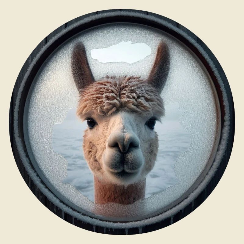 Alpaca looking through a window