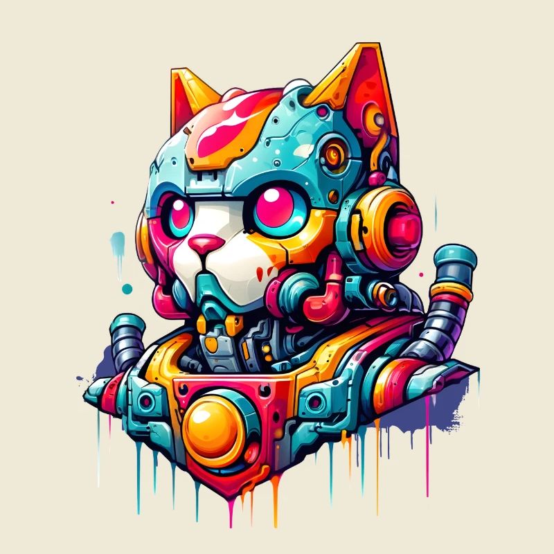 Cat designed as a robot in comic graffiti style