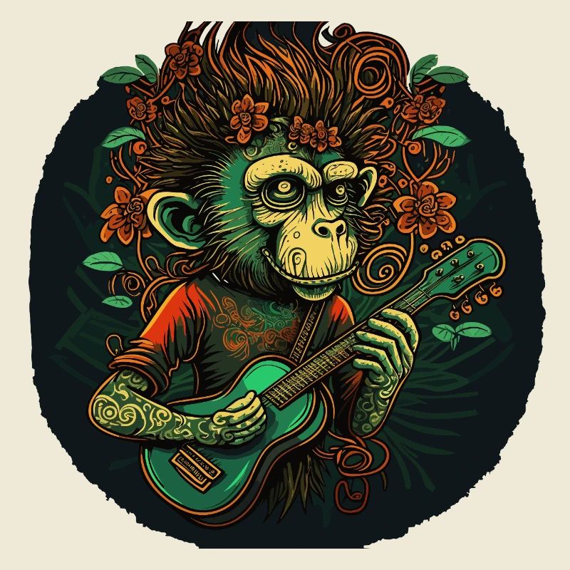 Affe mit Gitarre im Dschungel