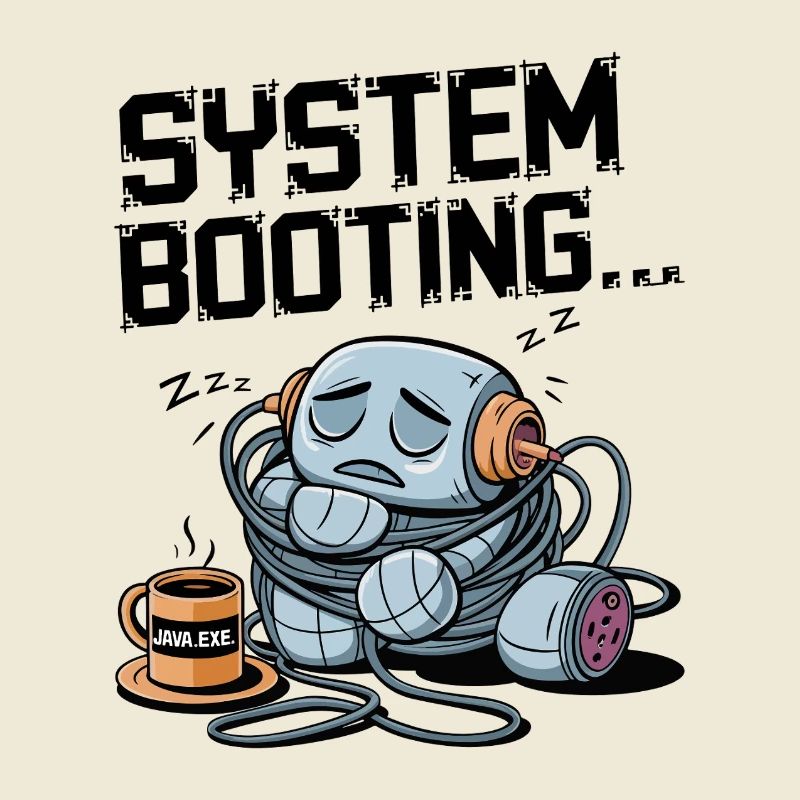 Sleepy Robot Booting with Java.exe Coffee – Funny
