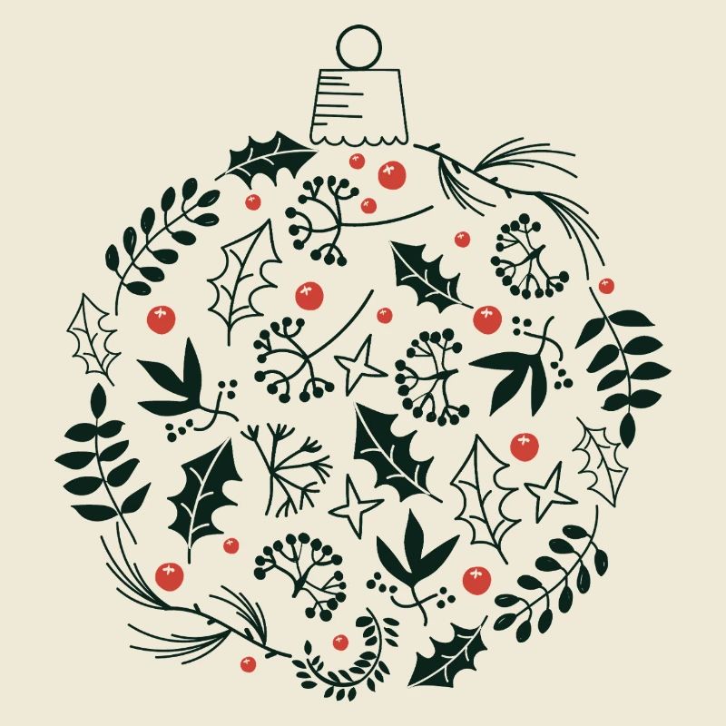 Weihnachtskugel mit Stechpalme und Vogelbeerblättern