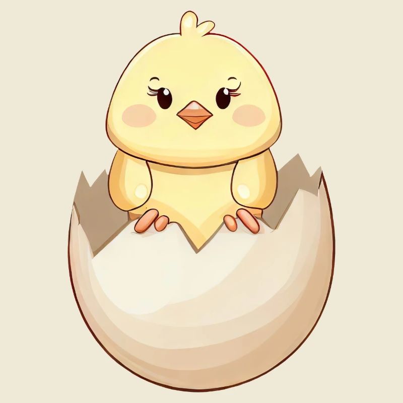 Cute kawaii chick, hatching from eggshell