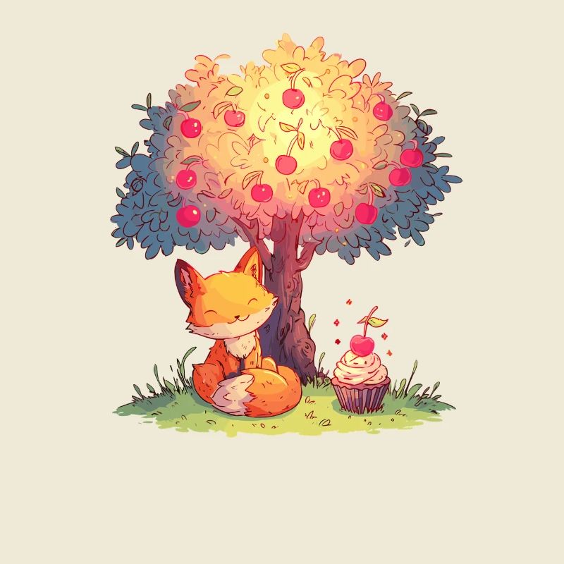 Fox on the apple tree with cupcake