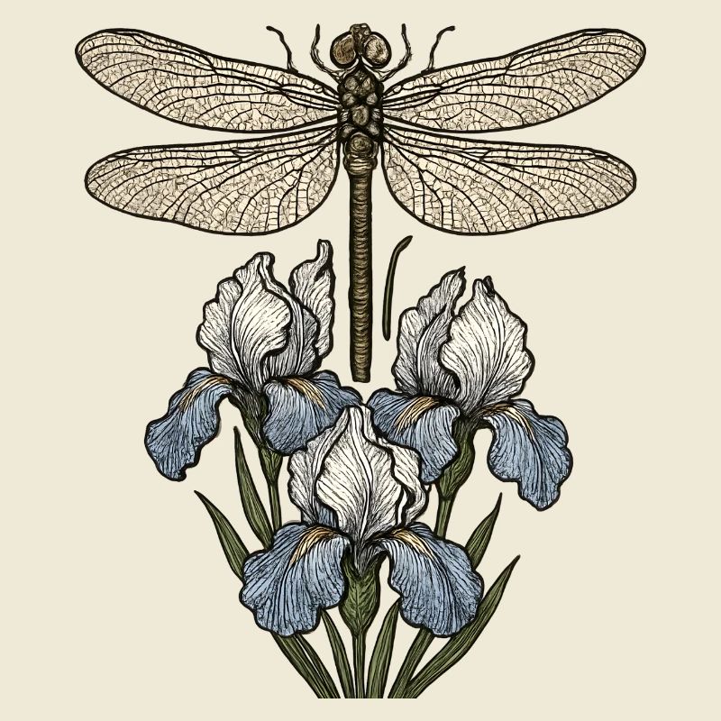 Libellule sur fleurs d’iris
