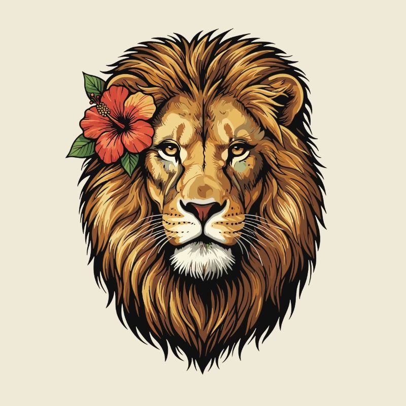 Tête de lion avec fleur d’hibiscus