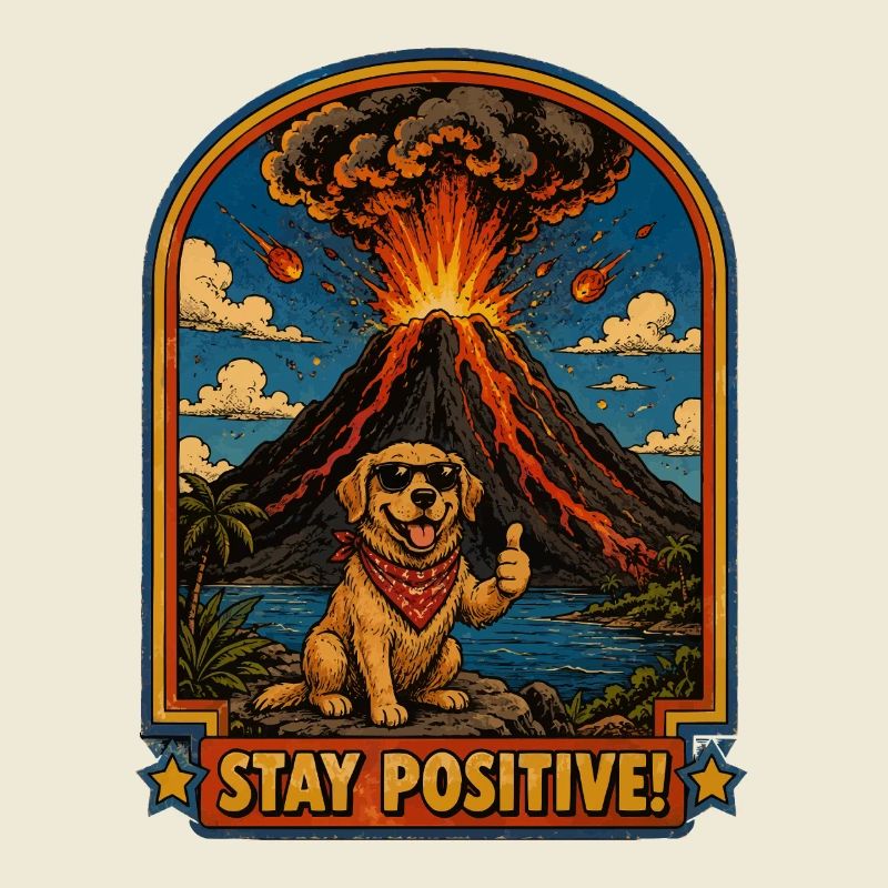 Chien devant un volcan – Restez positif
