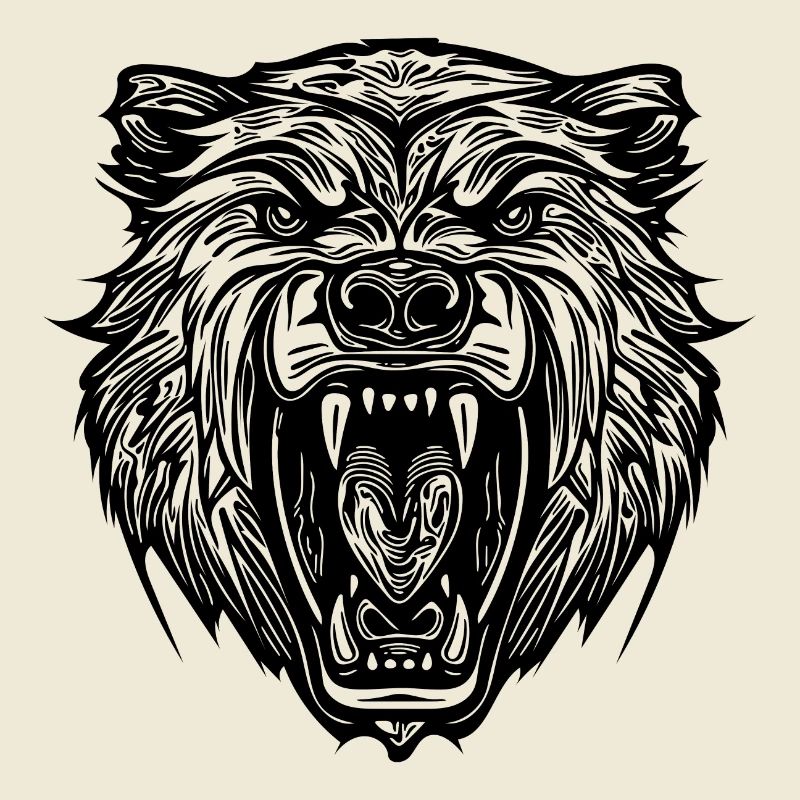 Wild bear's head with sharp teeth