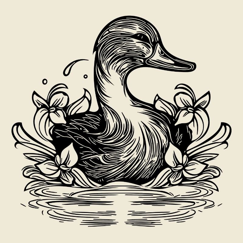 Canard mignon sur le lac avec des fleurs