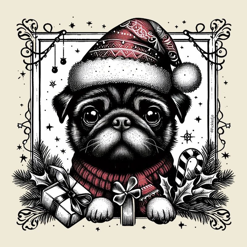 Goth pug in santa hat