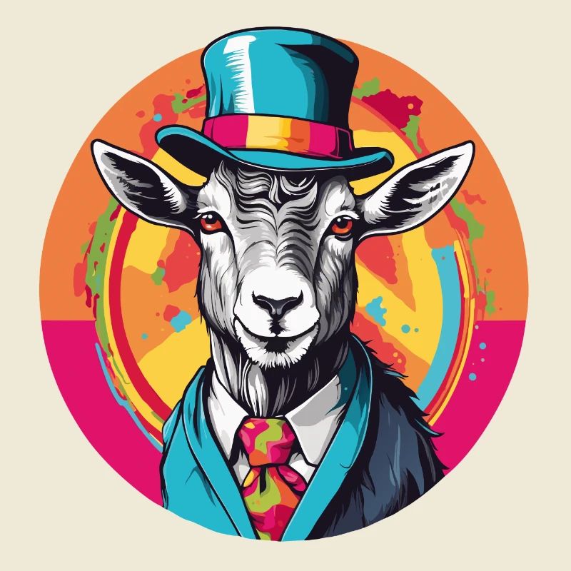 Goat with jacket, bow and hat in color wheel