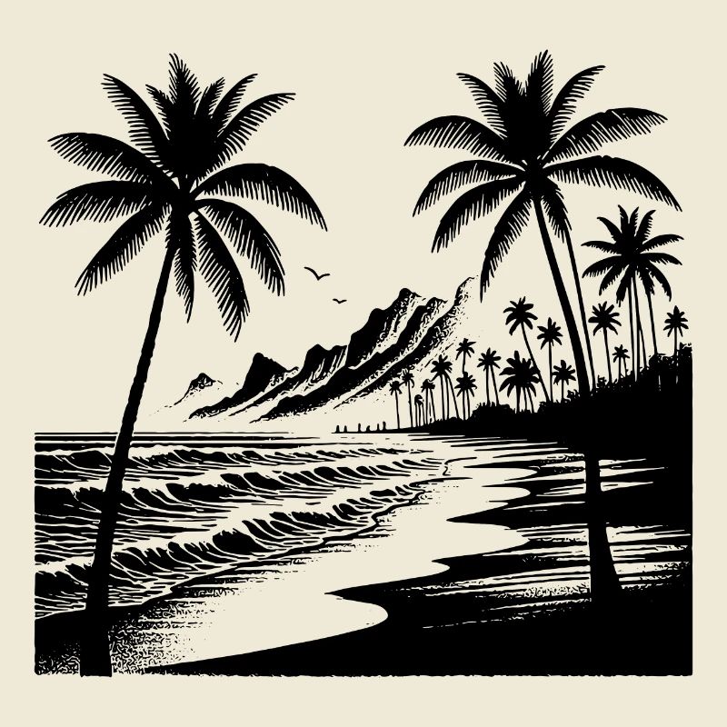 Volcano coast with palm trees, beach and sea