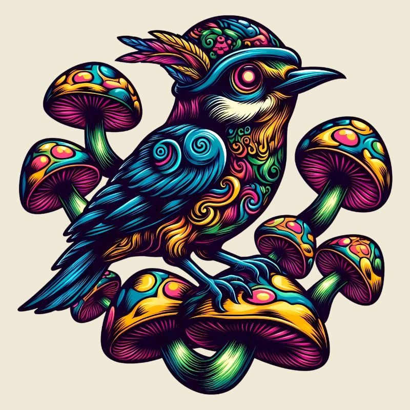 Bunter Vogel mit Pilzen