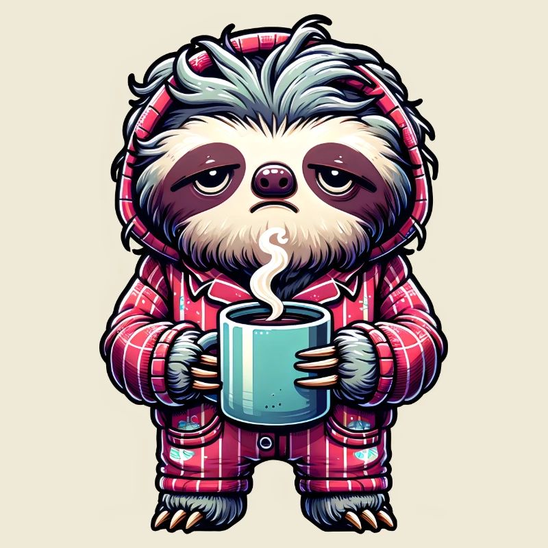 Faultier im Pyjama mit einer Tasse Kaffee