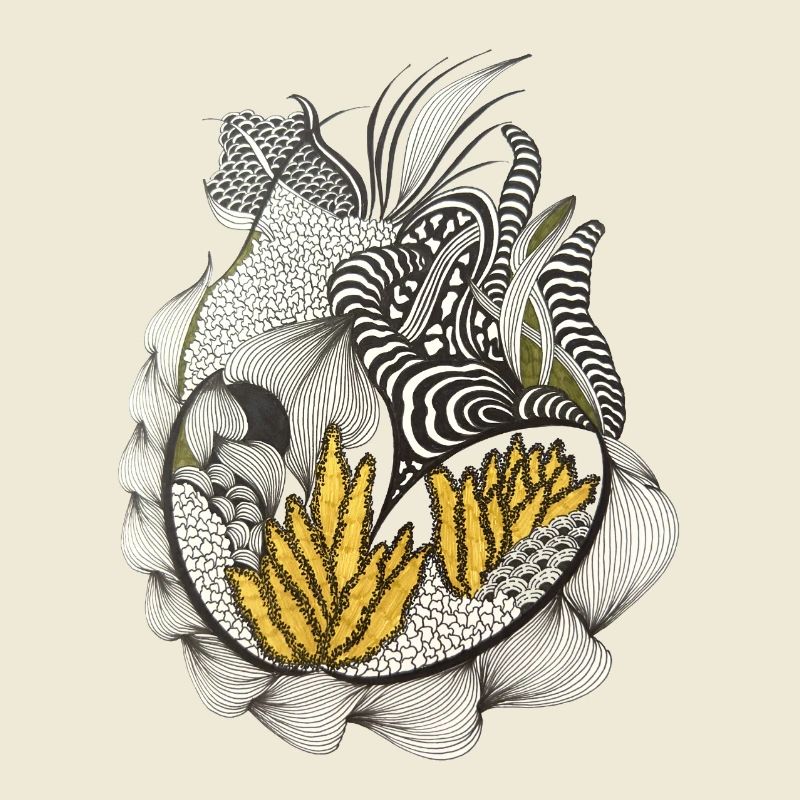 Black and White Leaf Pattern Yellow Accent