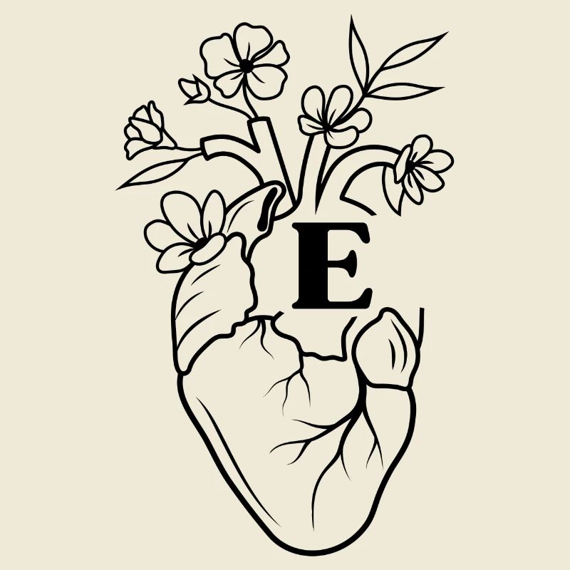 Buchstabe e Herz schwarze florale Anatomie