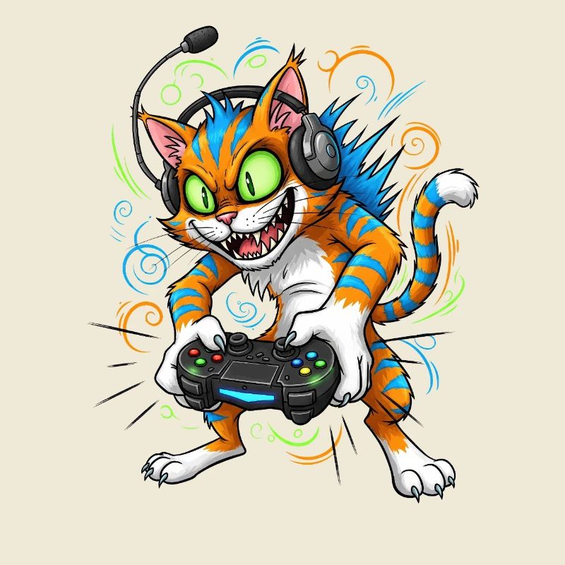 Neon Gaming Katze mit Controller Gamer Kater