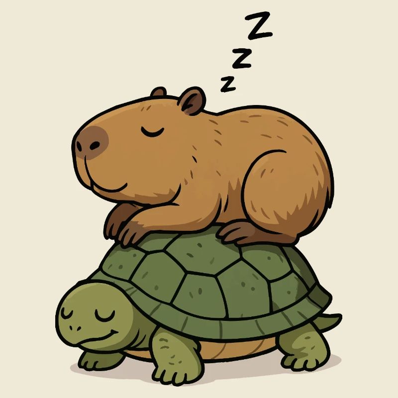 Slumbering capybara on a turtle