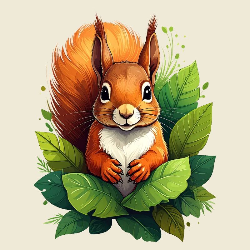 A squirrel between green leaves in the forest