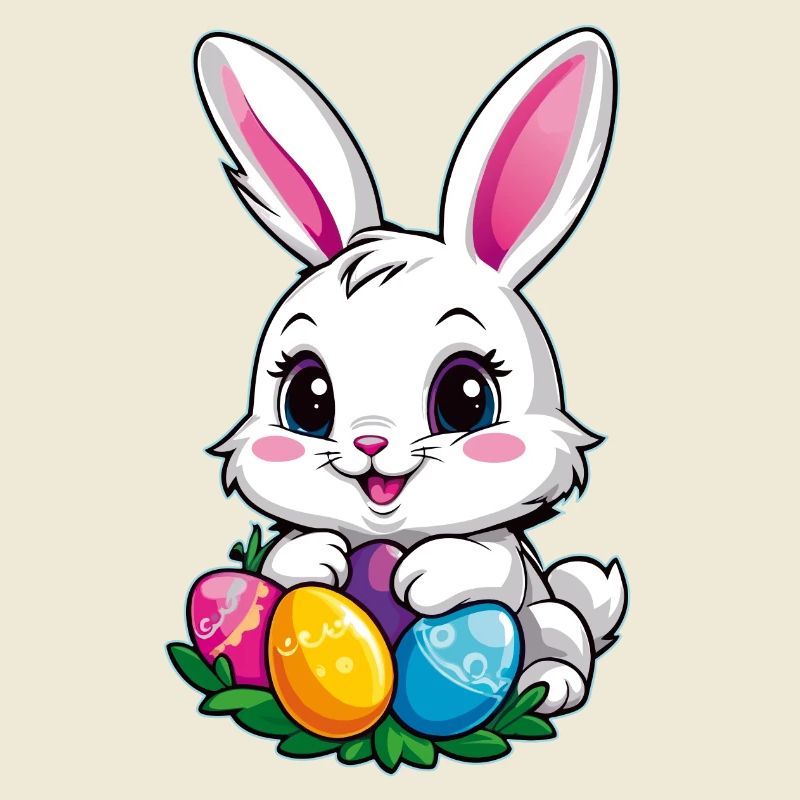 Funny little easter bunny with colorful eggs