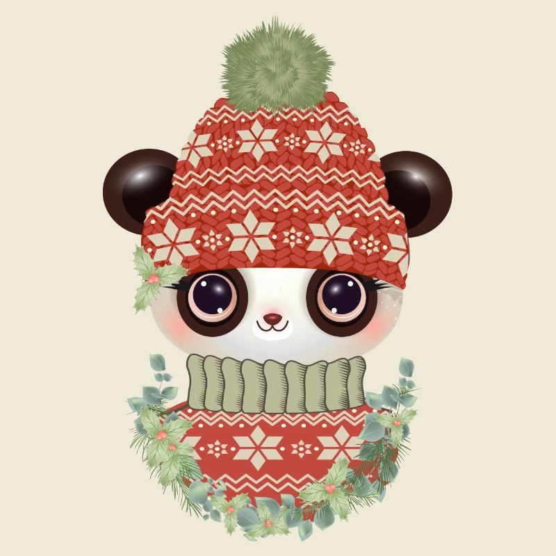 cute panda with sweater, bobble hat & wreath