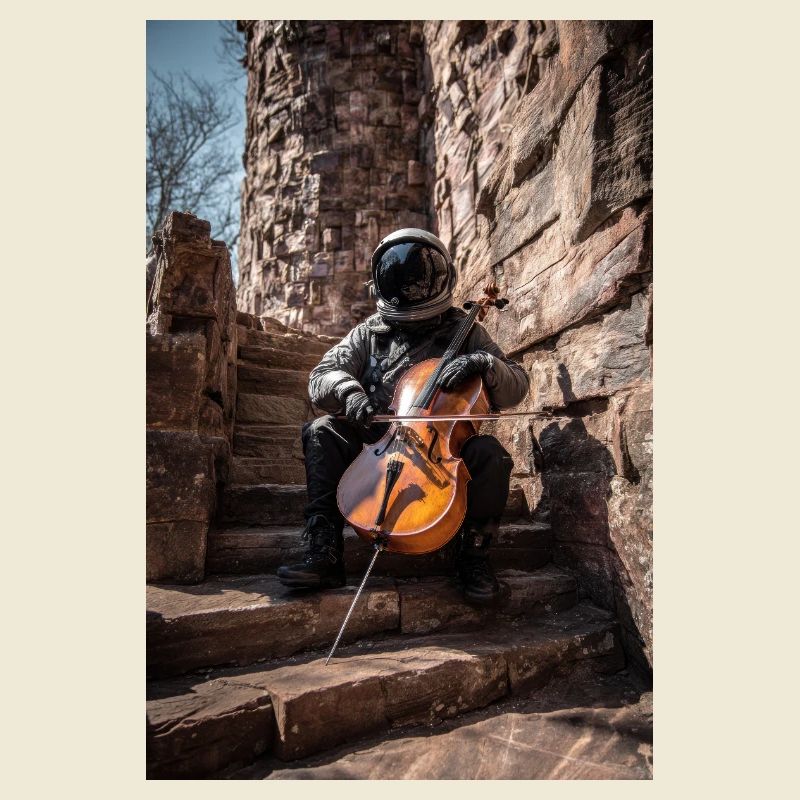 Astronaut Playing Cello on Stone Steps