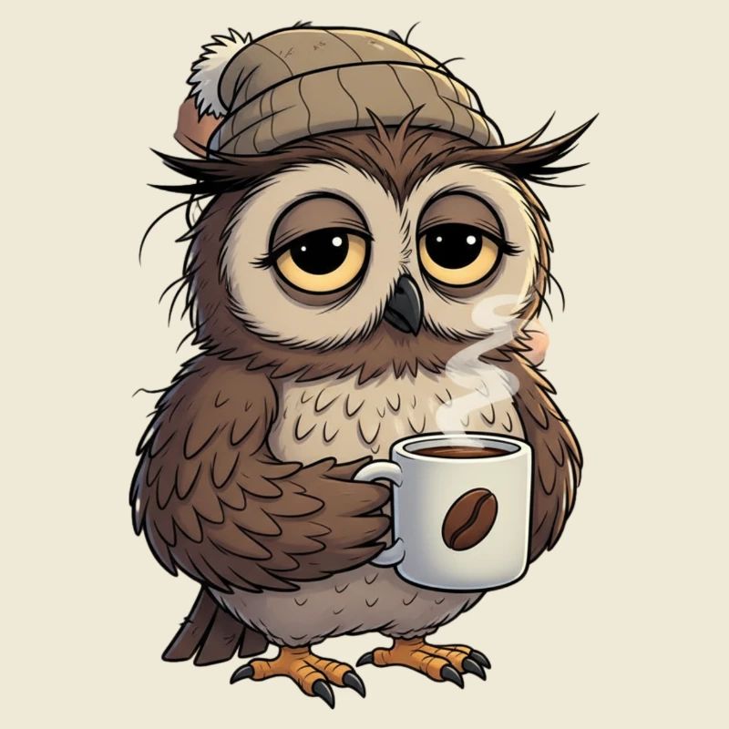 Verschlafene Eule Mit Kaffeetasse Cartoon