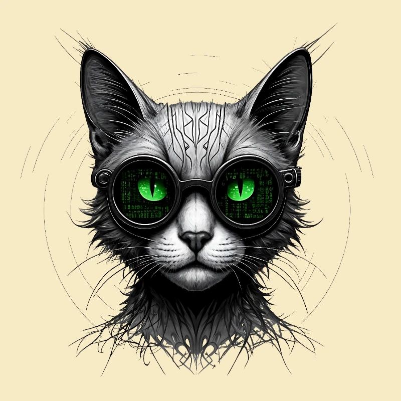 Green Eyes Computer Coder Geek Cat