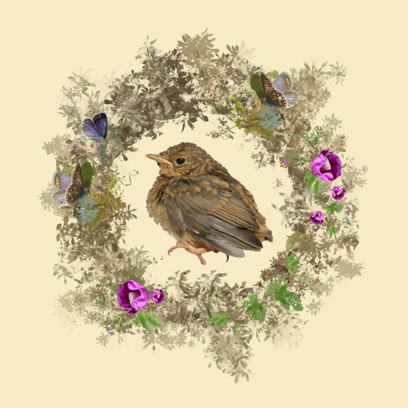 Rotkehlchen mit zarten Blüten und Bläulingen