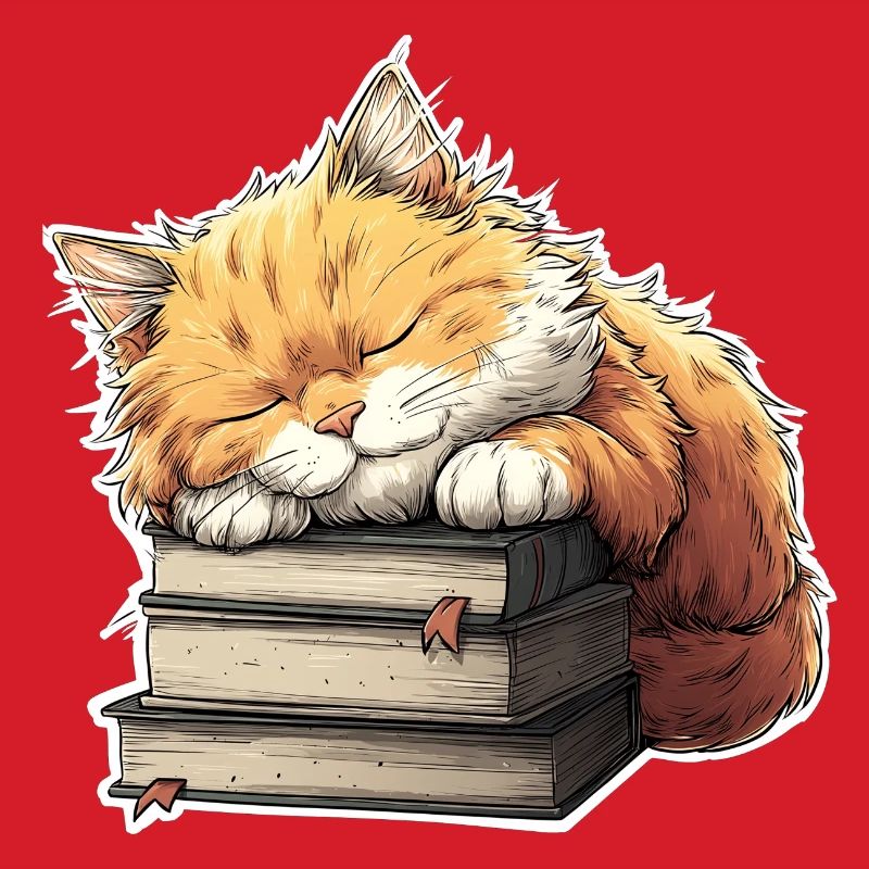 Cute Cat Sleeping on Book Pile