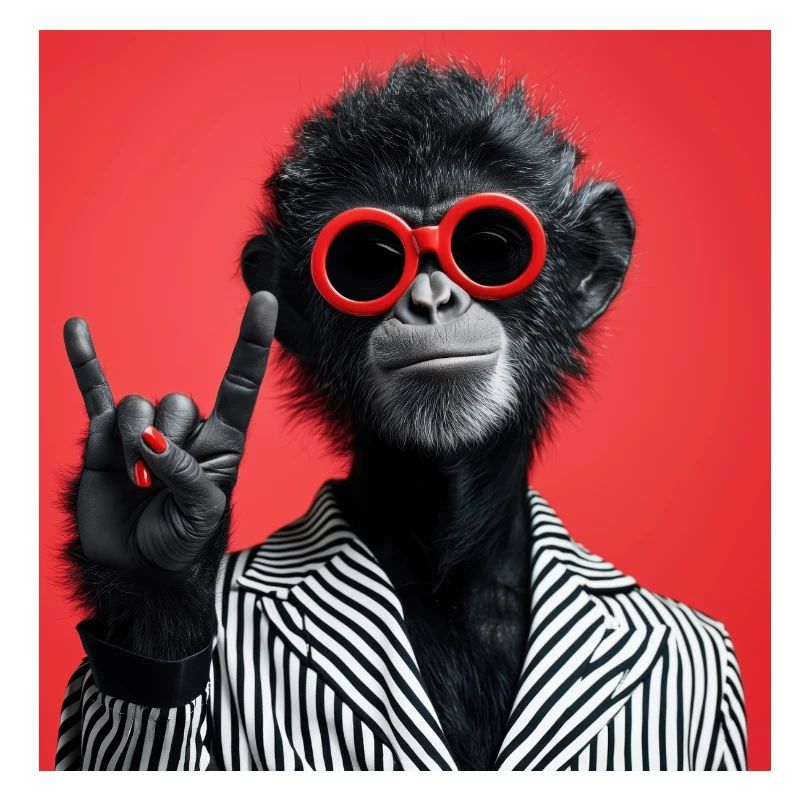 Monkey in red sunglasses making rock gesture