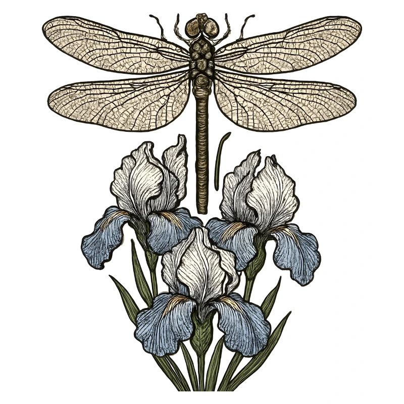 Libelle über Irisblüten