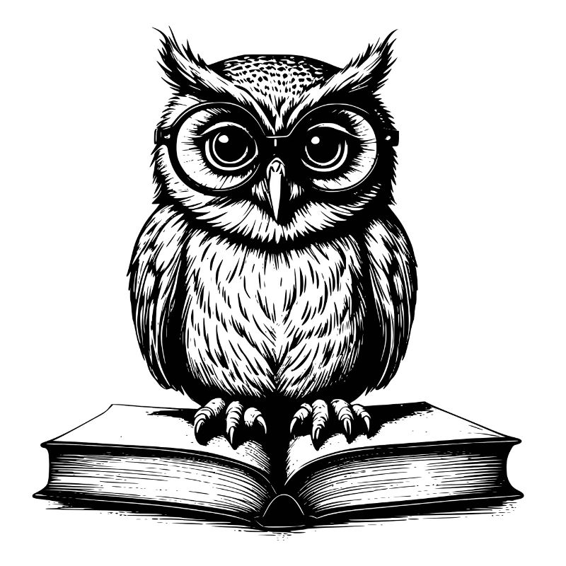 Kleine lustige Eule mit Brille sitzt auf Buch